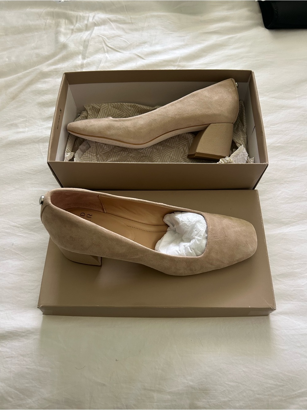 Donald Pliner Classic Block Heel Pumps in Beige Suede